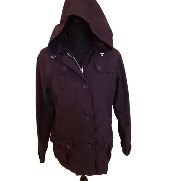 Lands' End Women's Full Zip Button Closure Hooded Rain Jacket Black Small - Picture 1 of 12